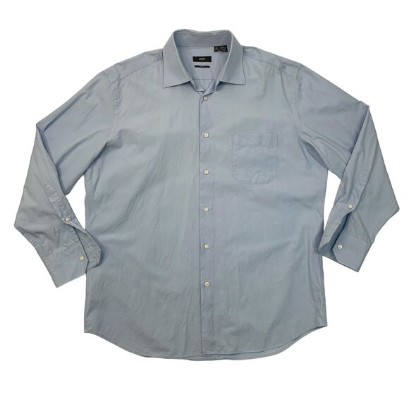 Hugo Boss Shirt Mens 16 Sky Blue Cotton Two Ply Button Up Long Sleeve Dress - Picture 1 of 14